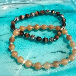 Elegant Beaded Bracelets Set in Brown and Silver